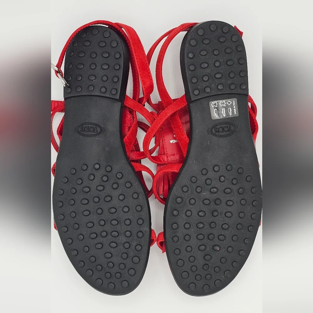 TOD'S Women's Strappy Red Sandals‎ with Fringe Size 6.5